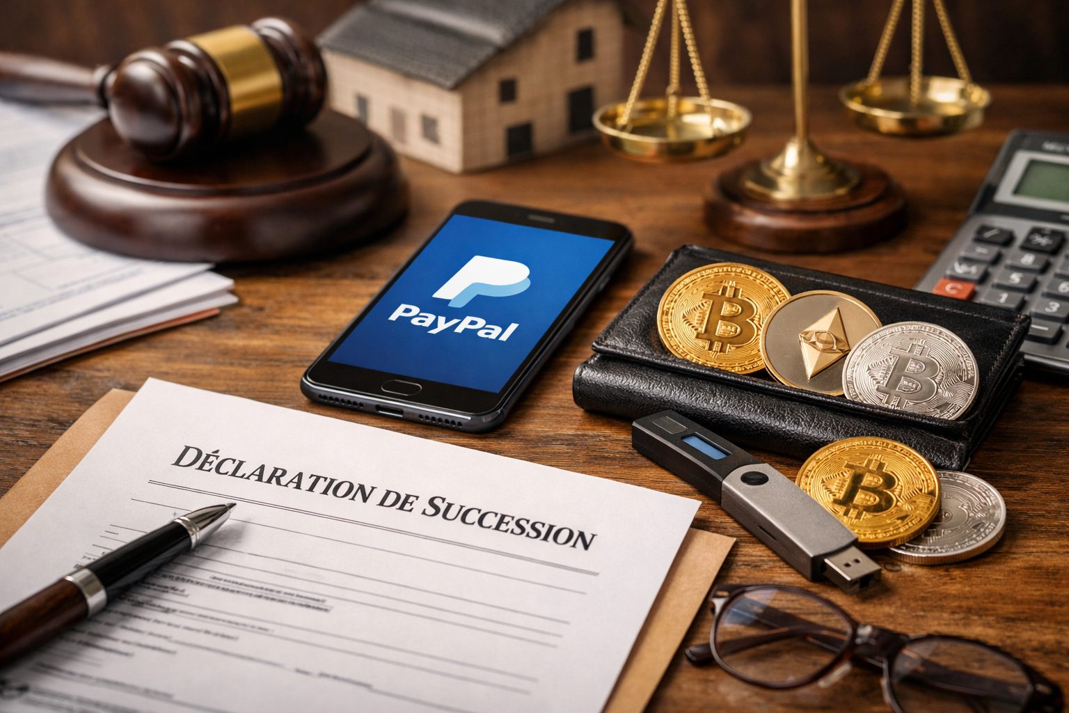 Déclaration de succession avec smartphone PayPal, crypto-actifs, portefeuille numérique et documents juridiques sur un bureau