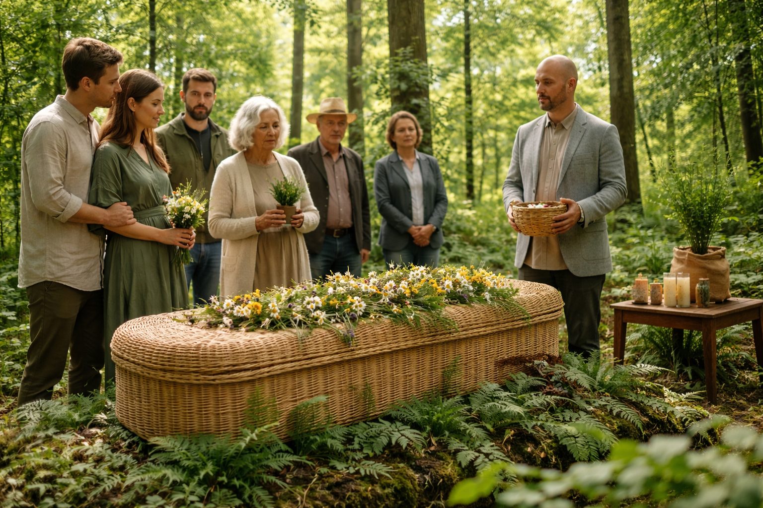 Cérémonie d’obsèques écologiques en France avec cercueil en fibres naturelles et hommage sobre en pleine nature