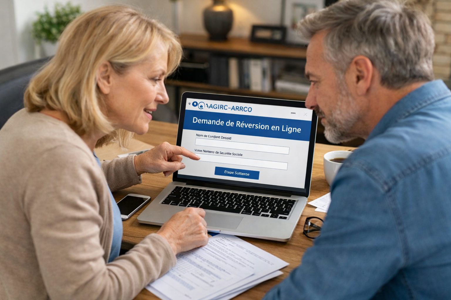 Couple senior consultant une demande de réversion AGIRC-ARRCO en ligne sur un ordinateur portable à domicile