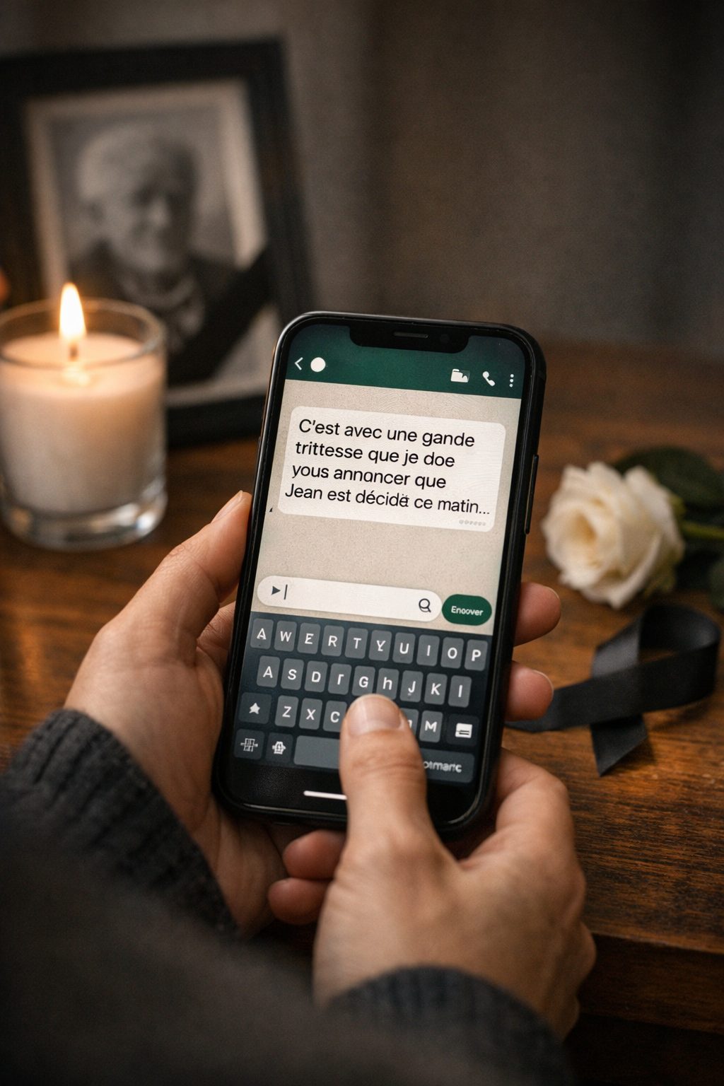 Main tenant un smartphone affichant un message d’annonce de décès sur WhatsApp, dans une ambiance sobre et recueillie avec bougie et rose blanche