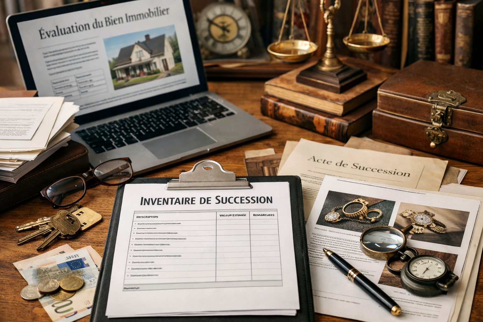 Bureau avec documents d’inventaire de succession, estimation immobilière, bijoux, clés et objets de valeur pour illustrer le prix et l’organisation d’une succession
