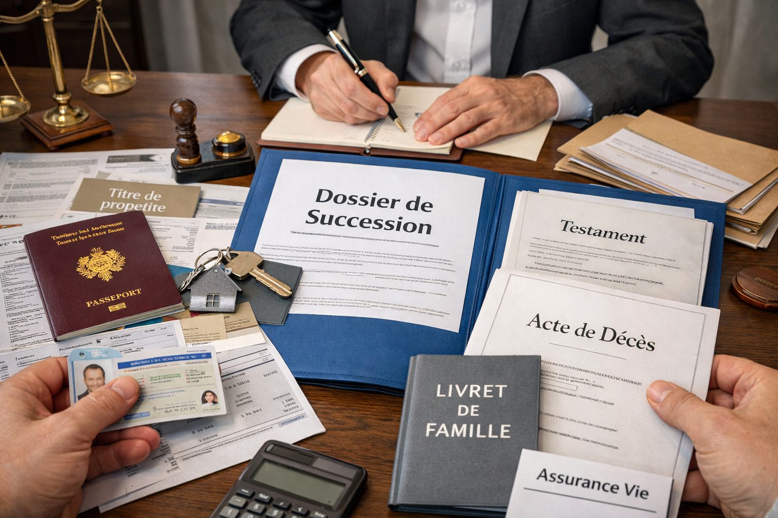Pièces à apporter au notaire pour ouvrir une succession avec dossier de succession, testament, acte de décès, livret de famille et documents administratifs