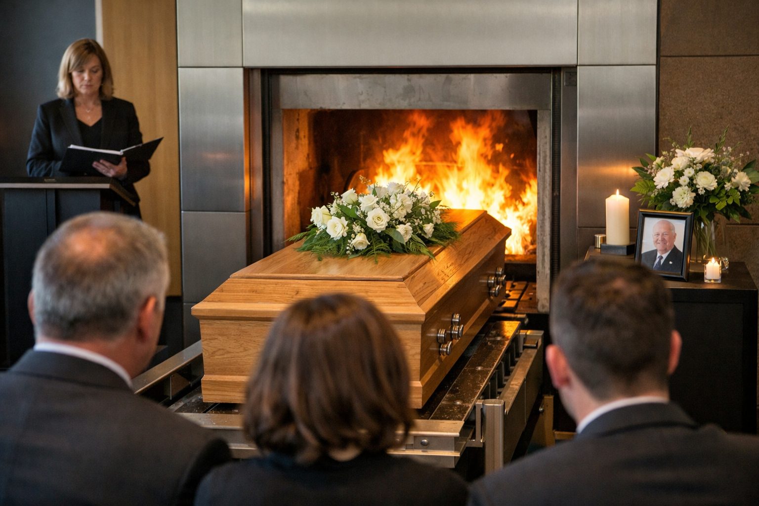 Cérémonie de crémation avec proches en recueillement dans un crématorium moderne