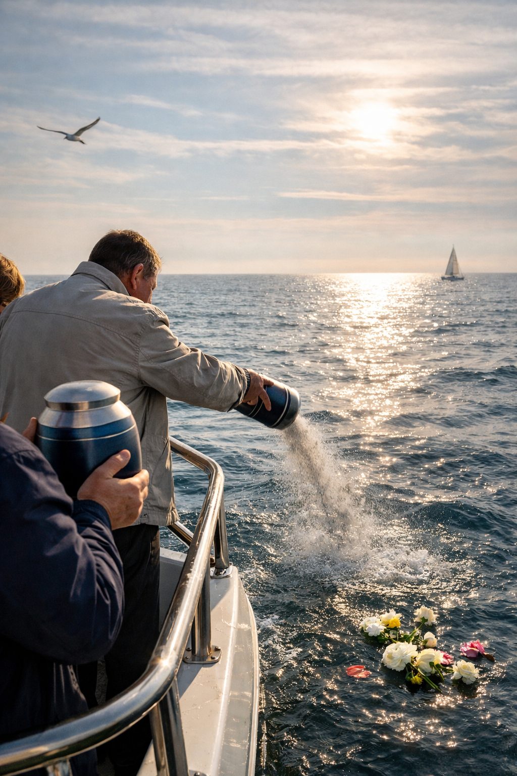 Dispersion des cendres en mer lors d’une cérémonie funéraire en bateau au large, avec urne, proches et fleurs flottant sur l’eau