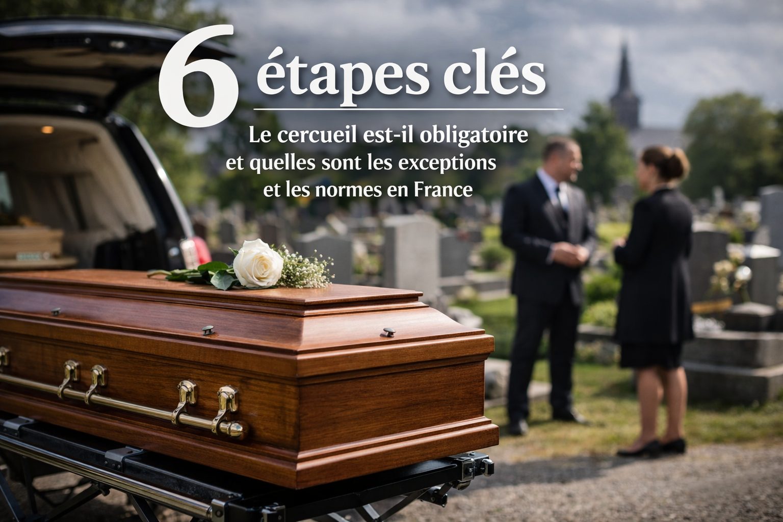 Cercueil en bois dans un cimetière en France avec un conseiller funéraire, illustration des règles, exceptions et normes funéraires