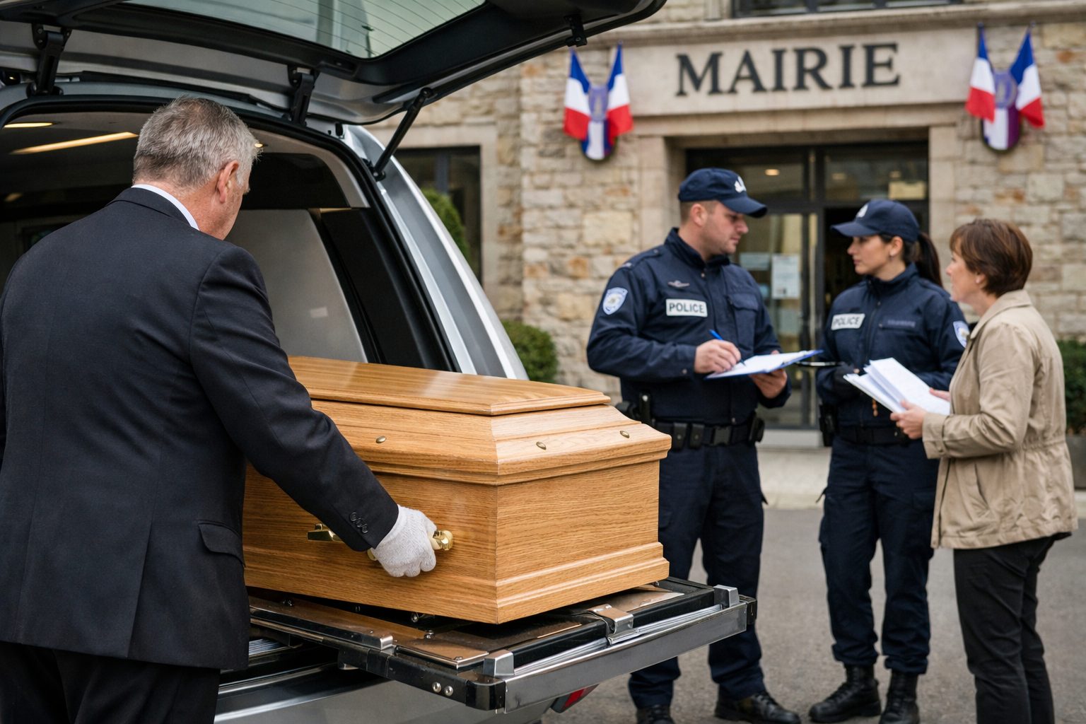 Transport du corps après la mise en bière devant une mairie en France avec cercueil, corbillard et formalités administratives