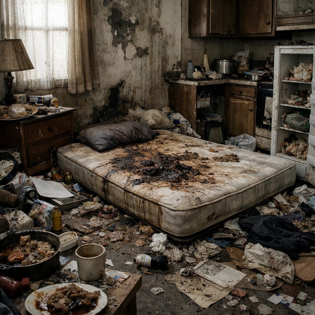 Logement insalubre après décès avec matelas souillé, déchets accumulés, moisissures murales et cuisine fortement dégradée
