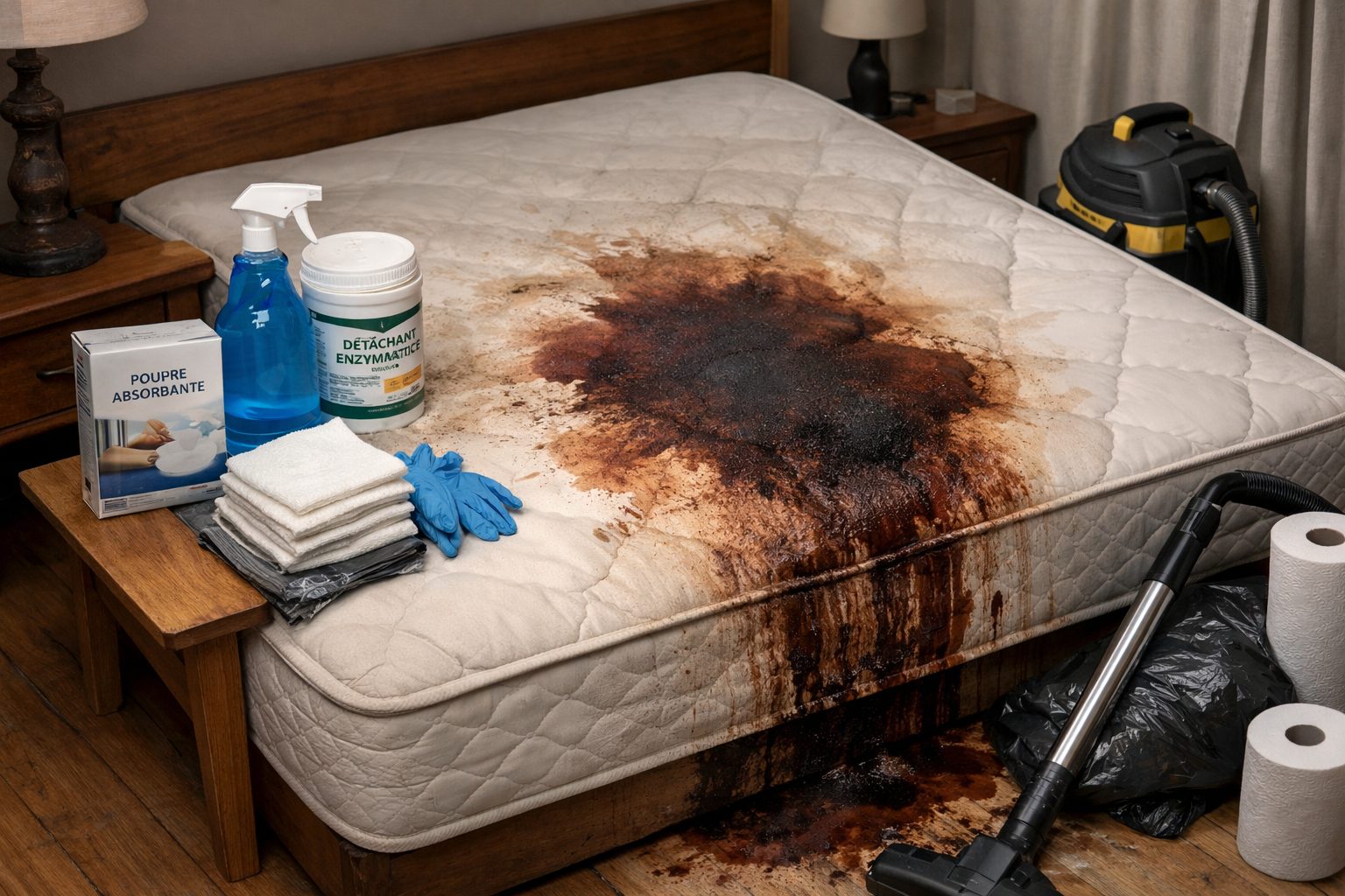 Traces ayant traversé un matelas après décès avec matériel de nettoyage spécialisé dans une chambre