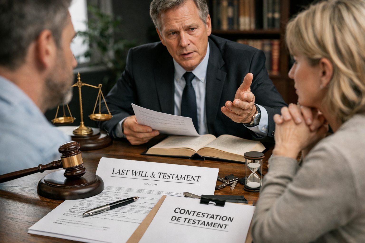 Avocat expliquant à un couple comment contester un testament en France, avec documents juridiques, marteau de juge et dossier de succession sur un bureau