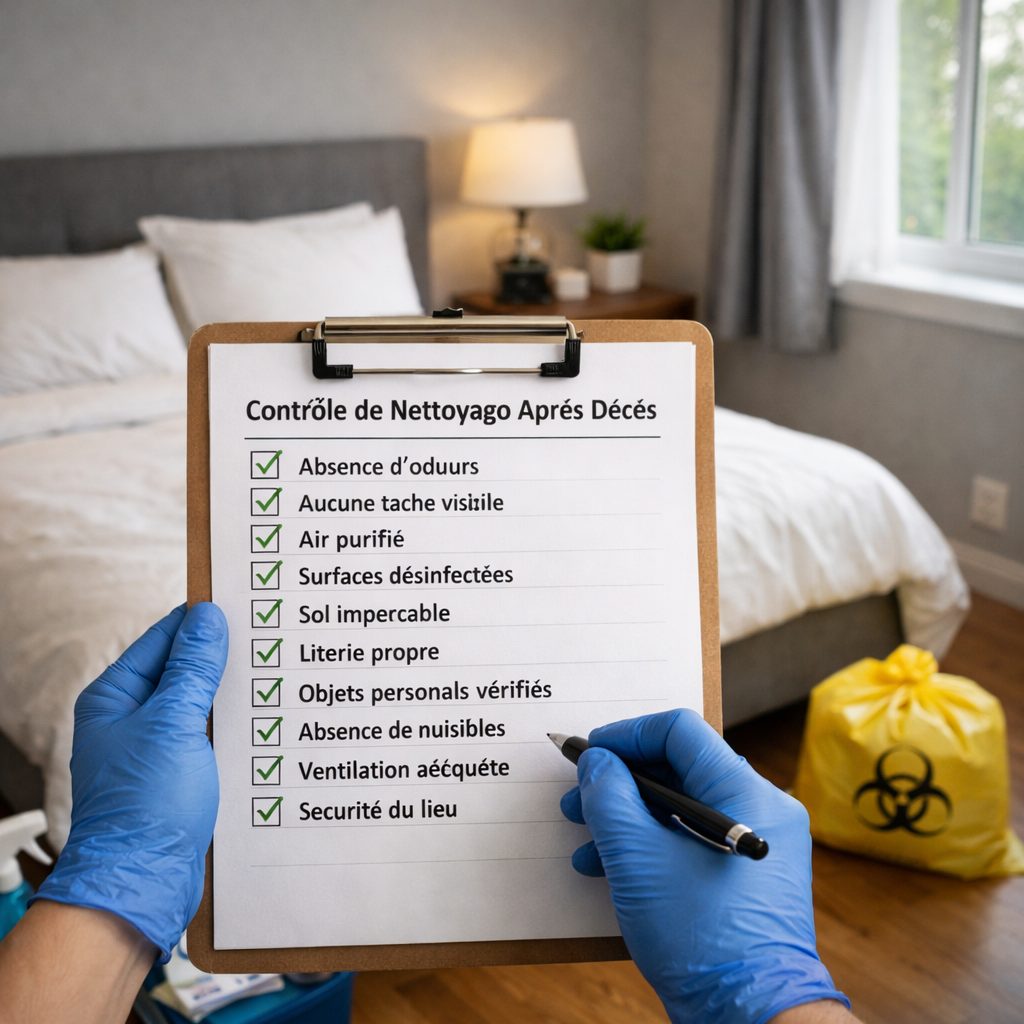 Contrôle visuel d’une chambre saine après un nettoyage après décès avec checklist de vérification et surfaces propres