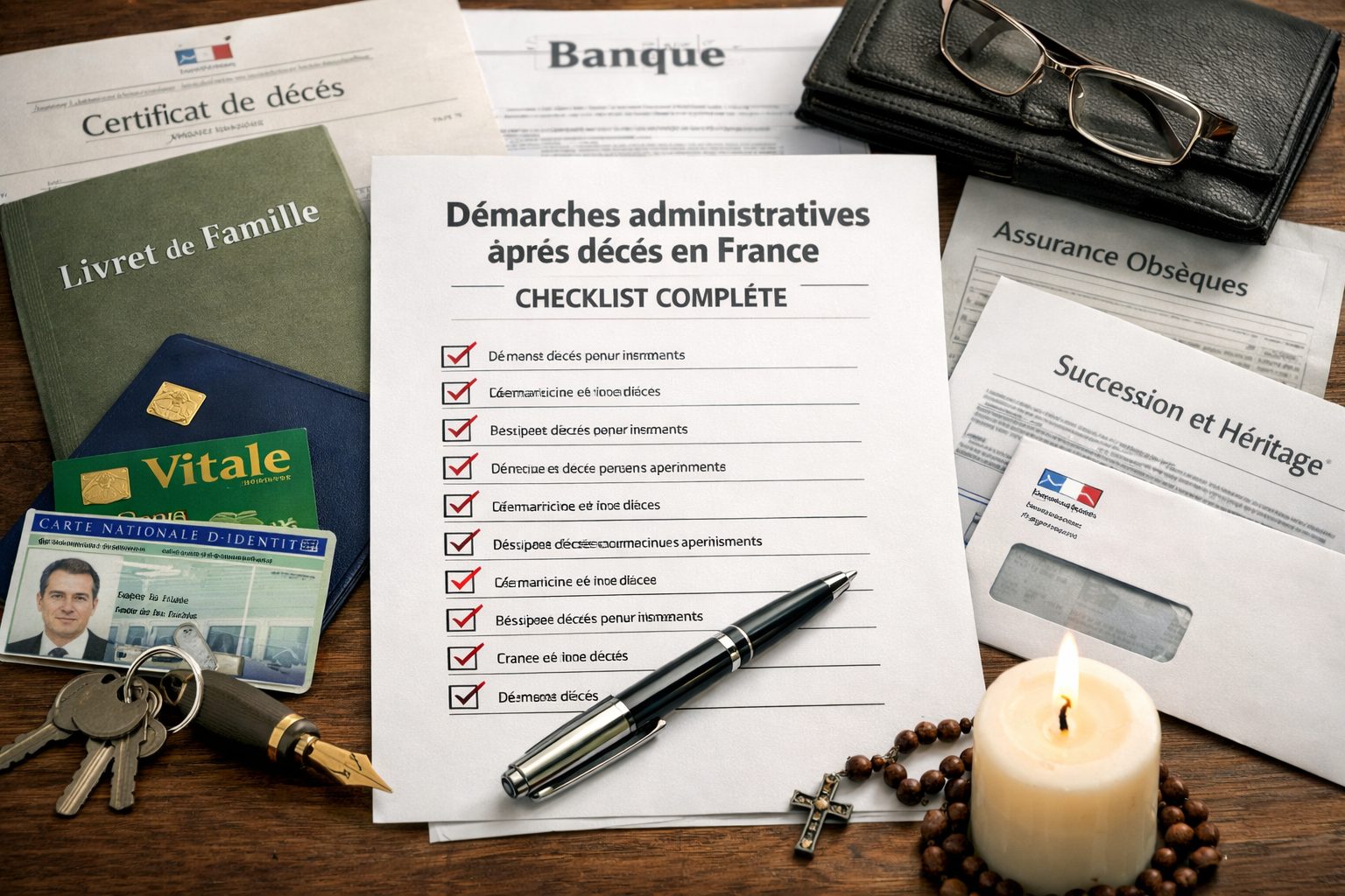 Checklist des démarches administratives après décès en France avec documents officiels, livret de famille, carte Vitale et dossier de succession