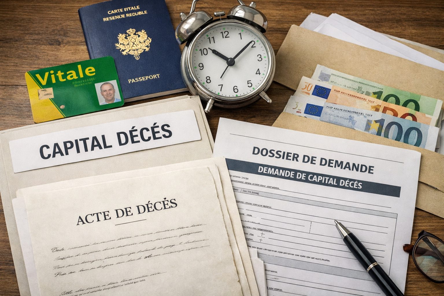 Documents nécessaires pour demander le capital décès en France, avec dossier de demande, acte de décès, carte Vitale, passeport, enveloppes et horloge symbolisant le délai de demande