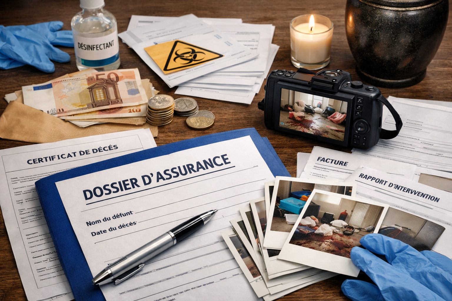 Documents pour dossier d’assurance après nettoyage après décès sur un bureau avec facture, rapport d’intervention et photos justificatives
