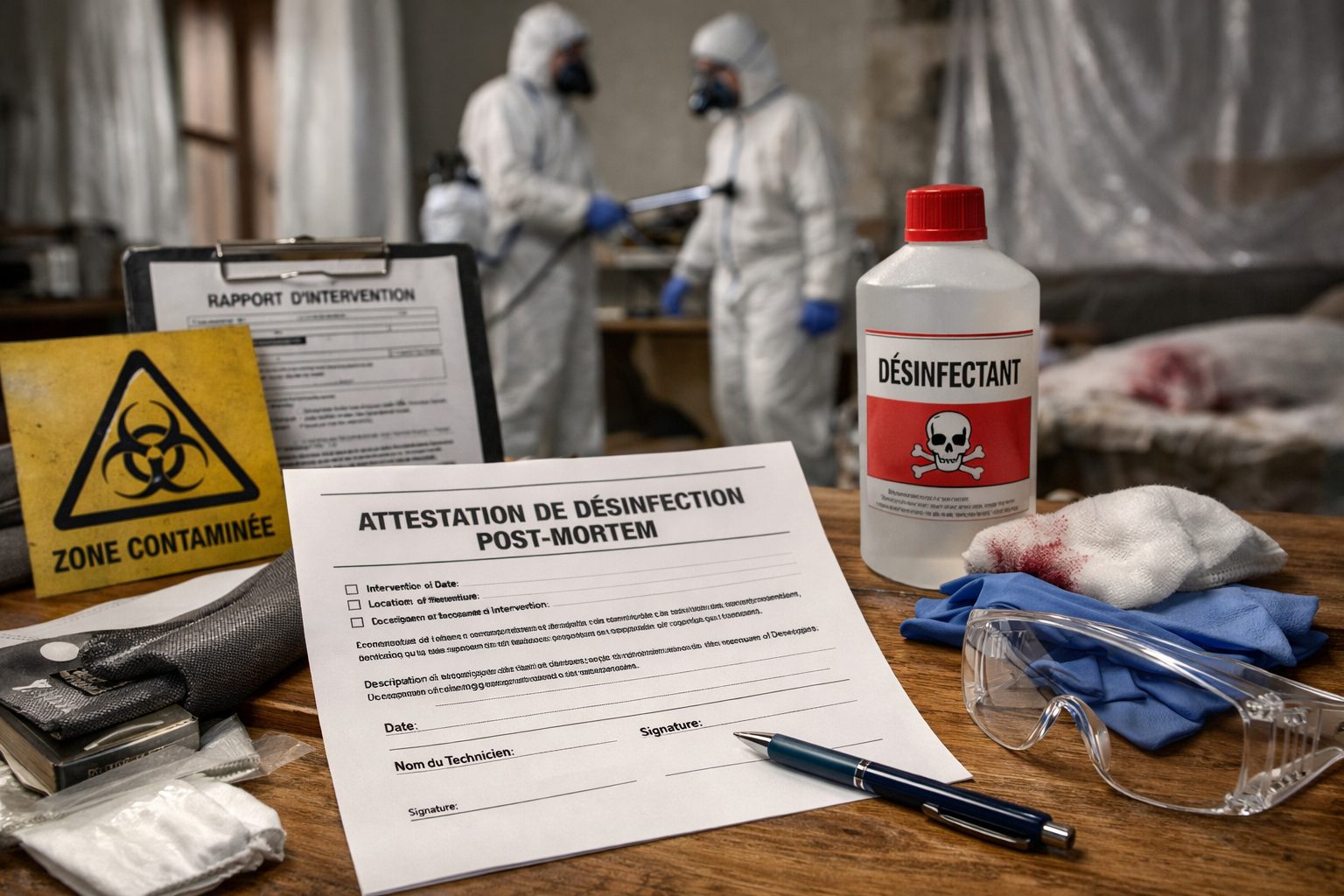 Attestation après désinfection post-mortem avec techniciens en tenue de protection dans un logement en cours de décontamination