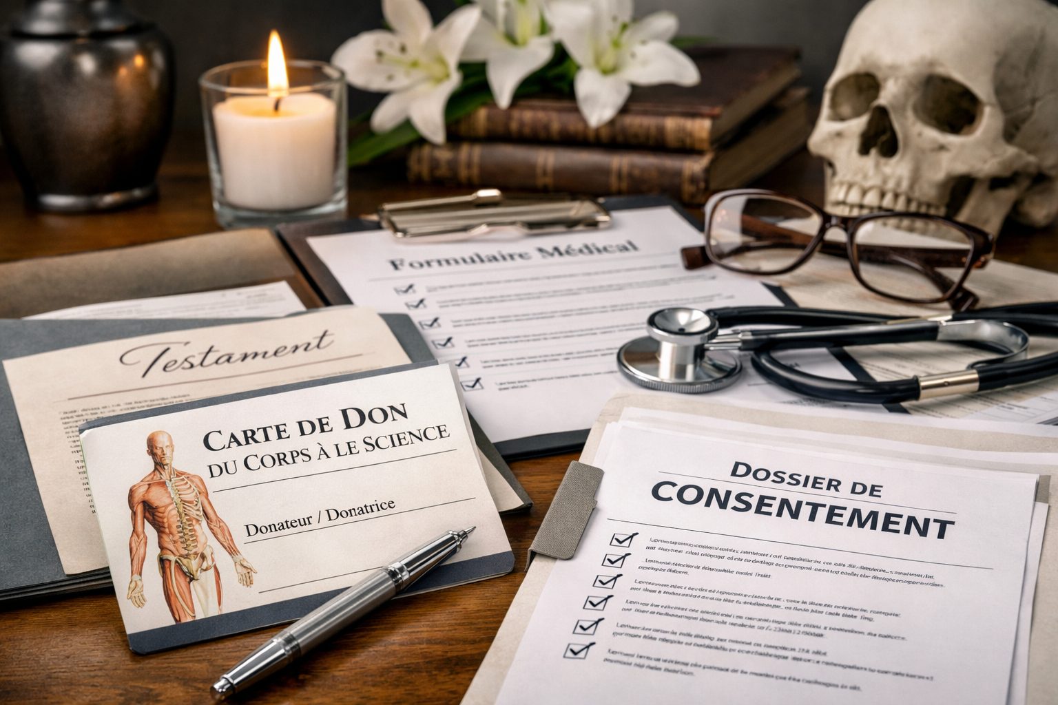 Documents de donation du corps à la science posés sur un bureau avec dossier de consentement, carte de don, stéthoscope et crâne anatomique.
