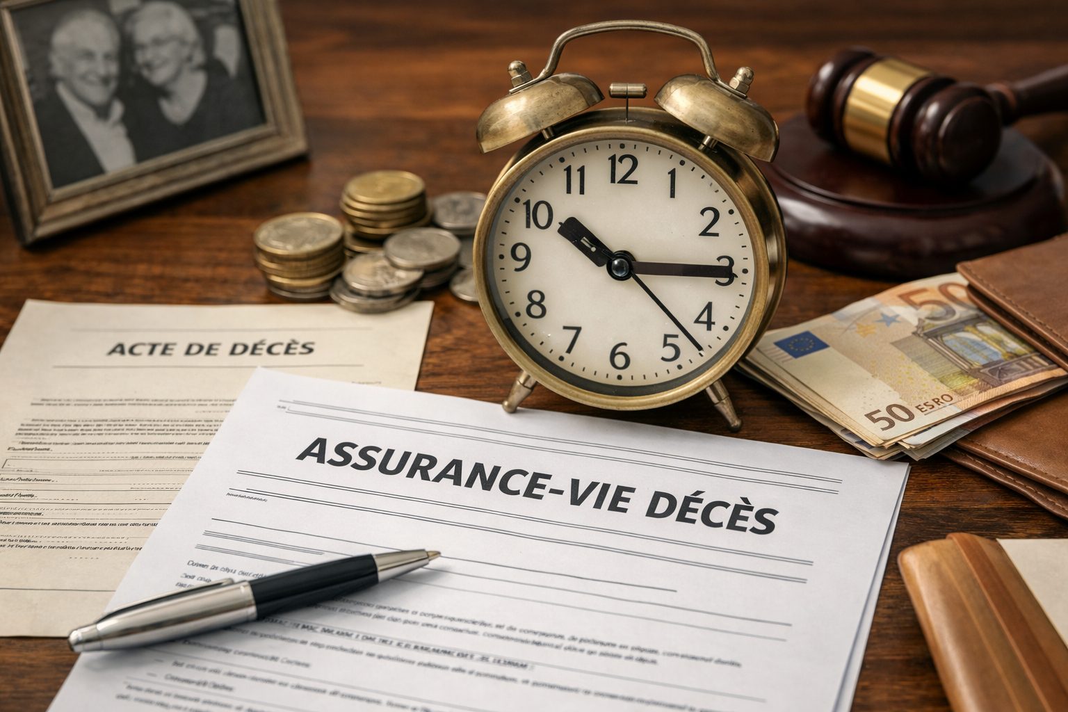 Documents liés au versement d’une assurance-vie après décès avec horloge, acte de décès, argent en euros et dossier administratif