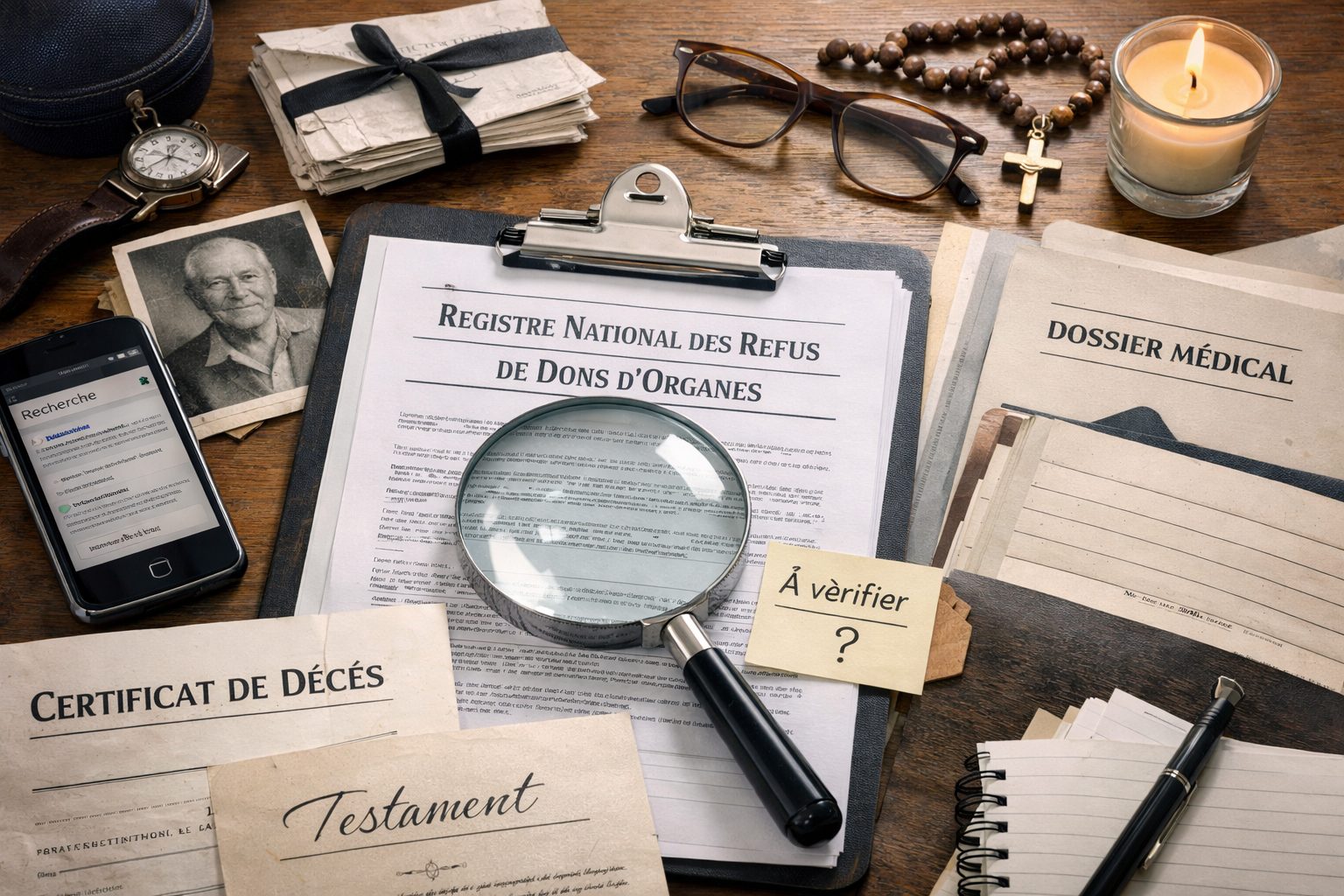 Documents administratifs et dossier médical pour vérifier si un défunt était inscrit au registre national des refus pour le don d’organes