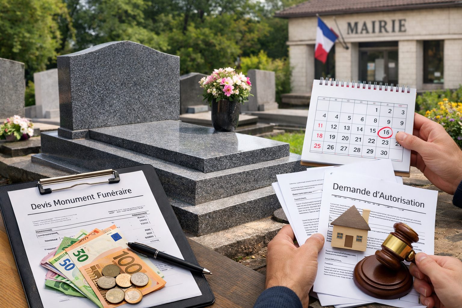 Monument funéraire en granit dans un cimetière avec devis, calendrier de pose et documents d’autorisation en mairie