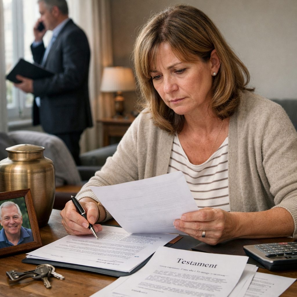 Conjointe survivante examinant des documents de bail après un décès dans le logement familial
