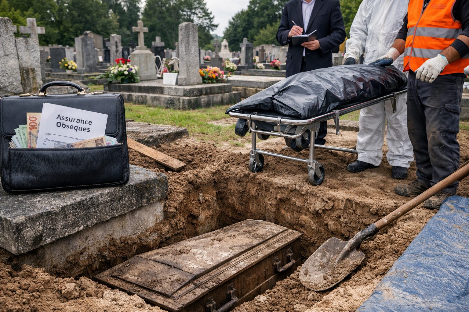 Exhumation dans un cimetière avec intervenants funéraires, tombe ouverte et mise en avant du coût de l’exhumation et de sa prise en charge