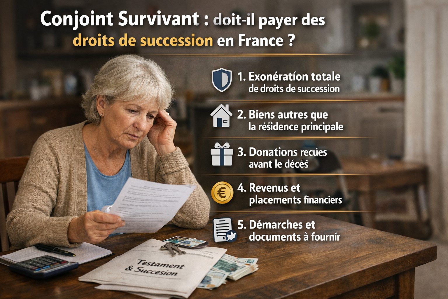 Conjointe survivante consultant des documents de succession en France pour comprendre si elle doit payer des droits de succession