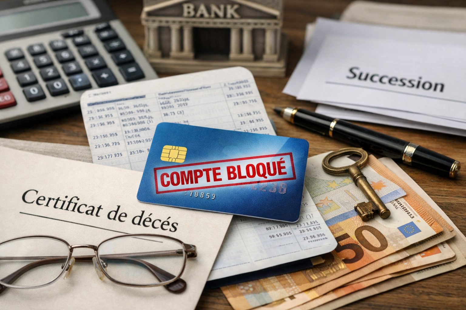 Compte bancaire bloqué après décès avec documents de succession, certificat de décès, carte bancaire, billets en euros et dossier successoral