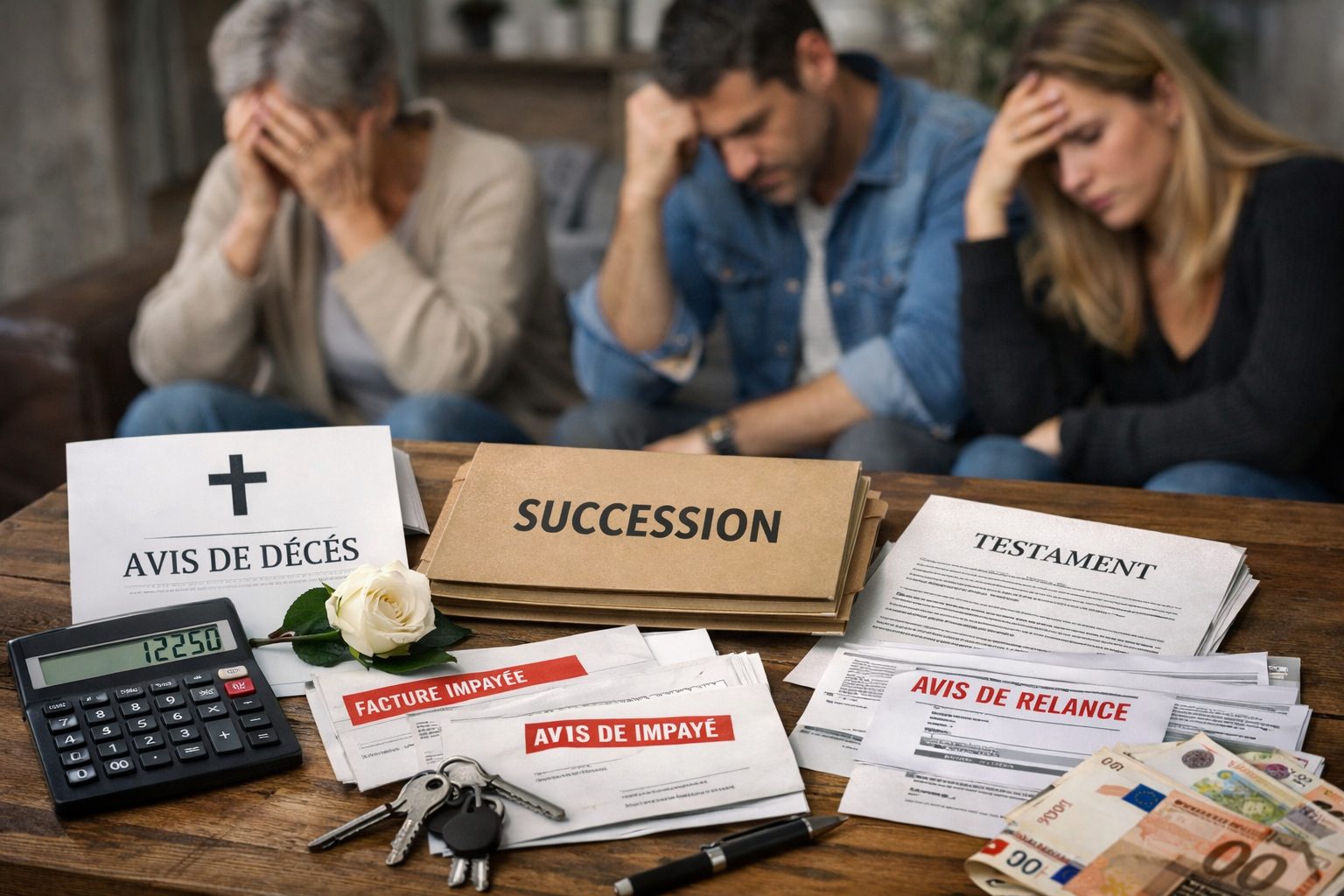 Famille confrontée à une succession avec crédits en cours et documents financiers après un décès