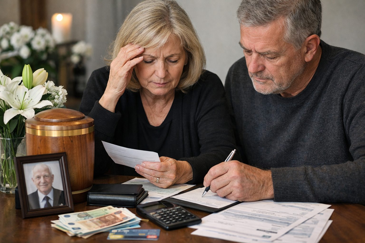 Couple âgé examinant les frais d’obsèques et des documents bancaires pour payer les funérailles avec le compte du défunt