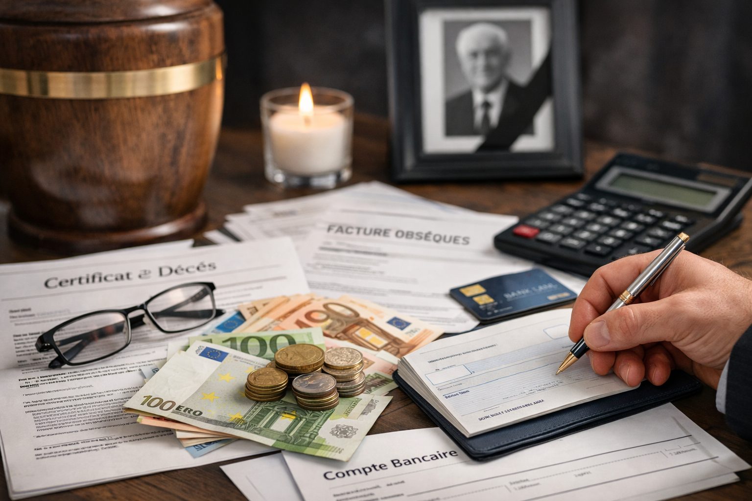 Documents bancaires, facture d’obsèques, chèque et billets en euros illustrant le paiement des frais d’obsèques avec le compte bancaire du défunt dans la limite du plafond autorisé.