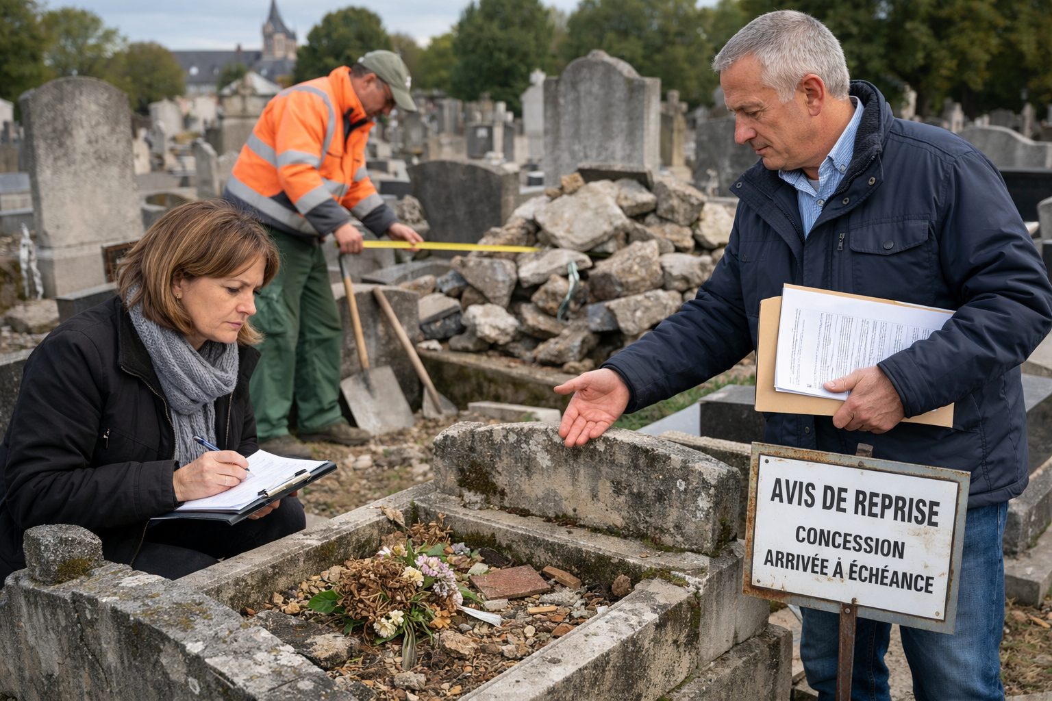 Concession funéraire échue dans un cimetière avec proches et agent communal vérifiant la tombe avant son renouvellement
