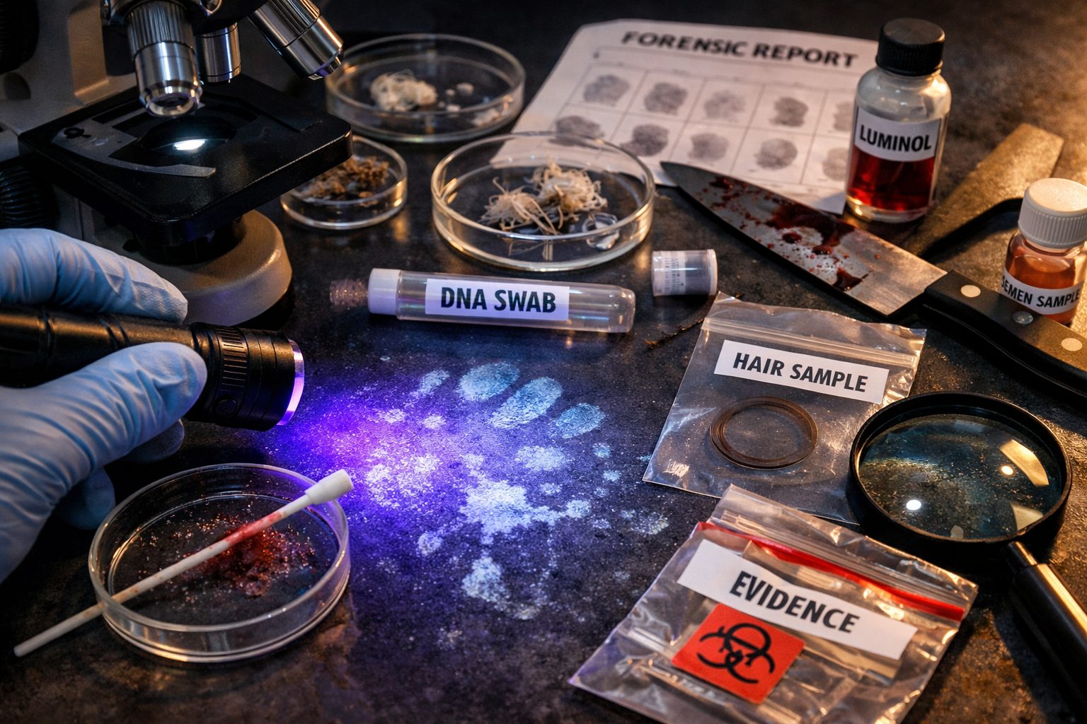 Illustration ultra réaliste d’une analyse forensique montrant des outils d’investigation et des traces biologiques invisibles à l’œil nu