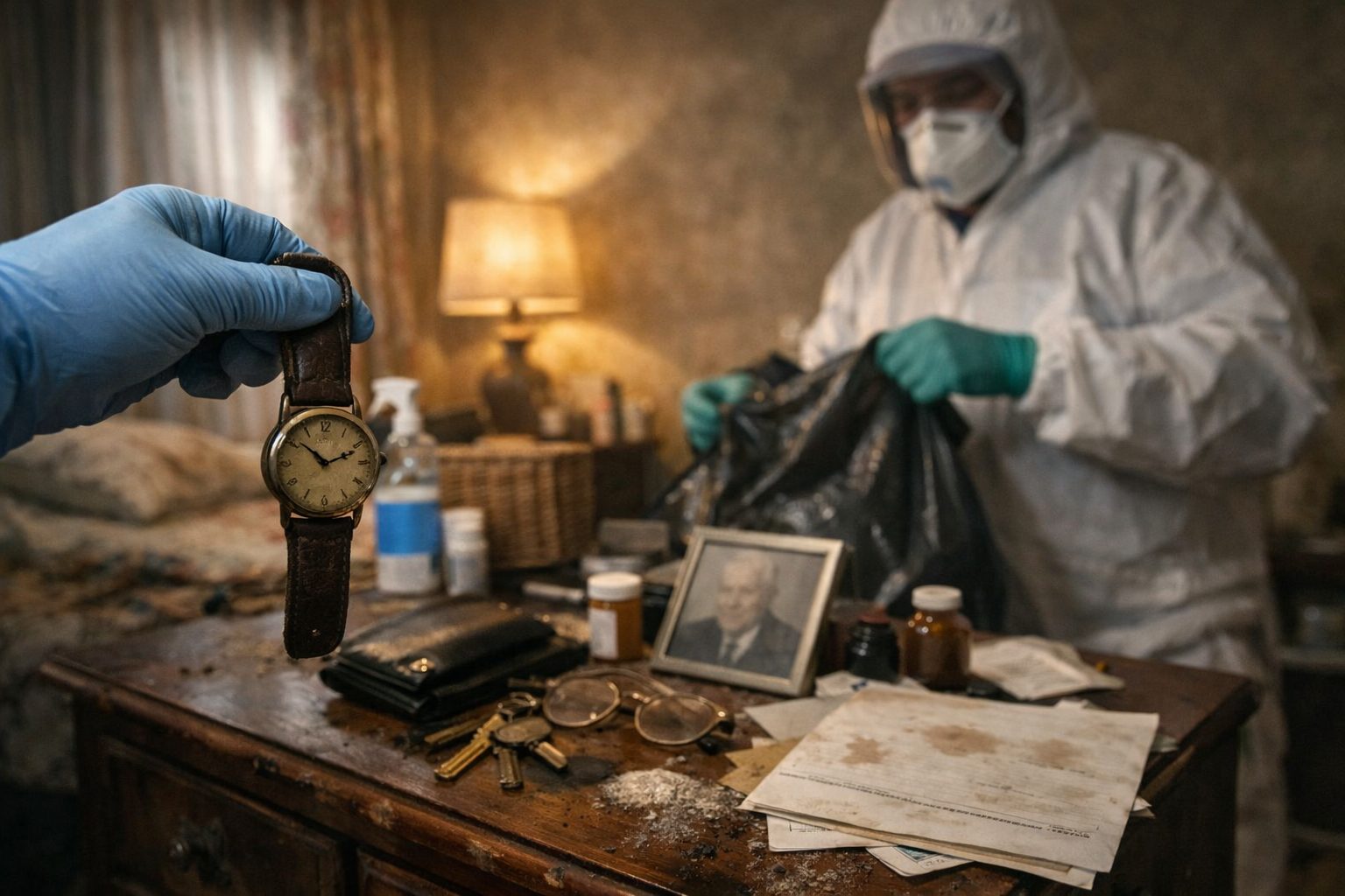 Personne équipée de protections sanitaires récupérant des objets personnels après décès pour limiter les risques infectieux