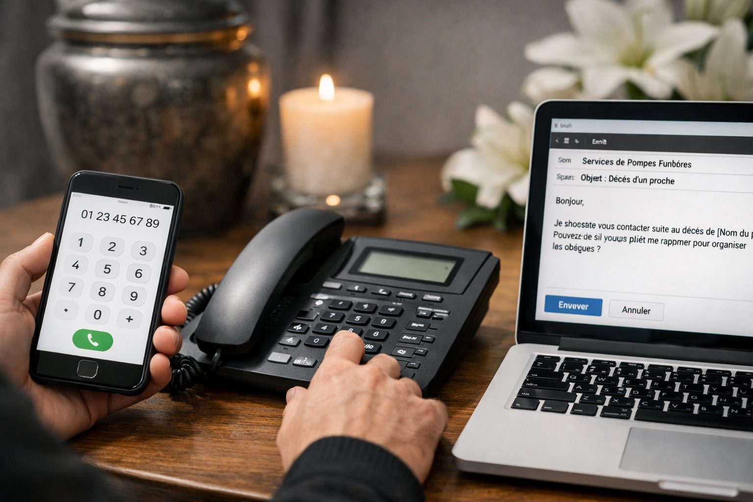 Illustration réaliste de trois solutions pour contacter les pompes funèbres après un décès par téléphone, appel fixe et ordinateur portable