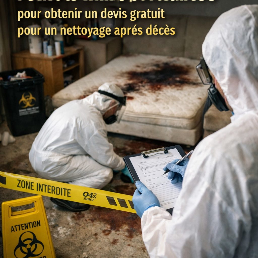 Technicien spécialisé en combinaison de protection réalisant un devis gratuit pour un nettoyage après décès dans un logement