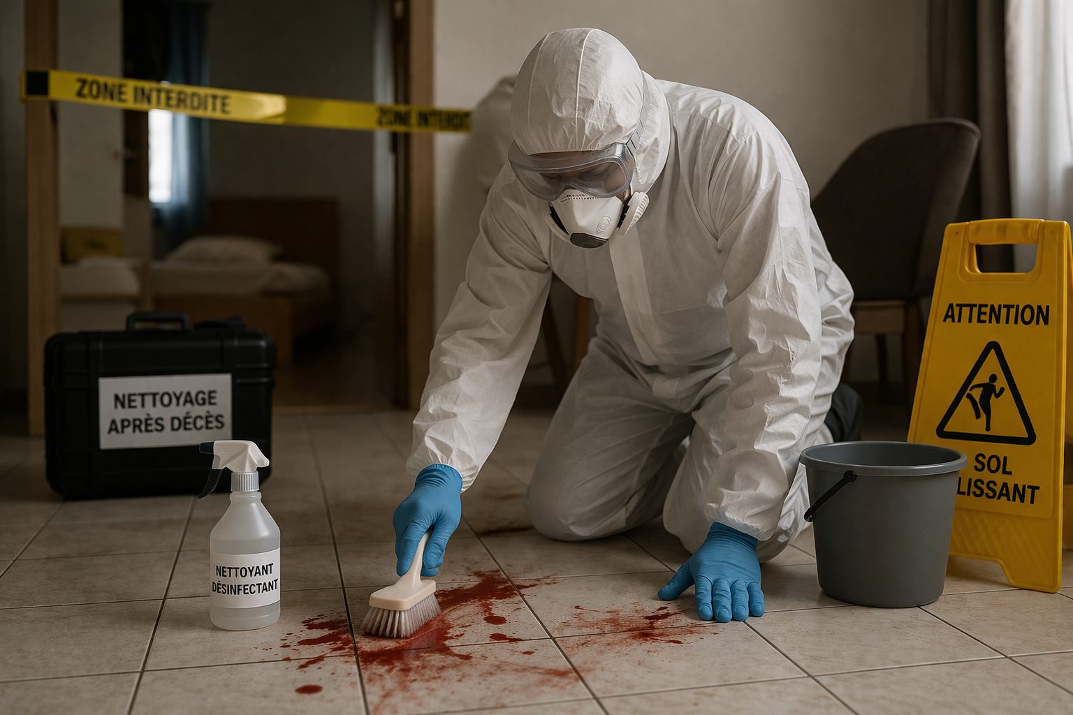 Technicien en tenue de protection nettoyant un sol carrelé après décès avec matériel de désinfection