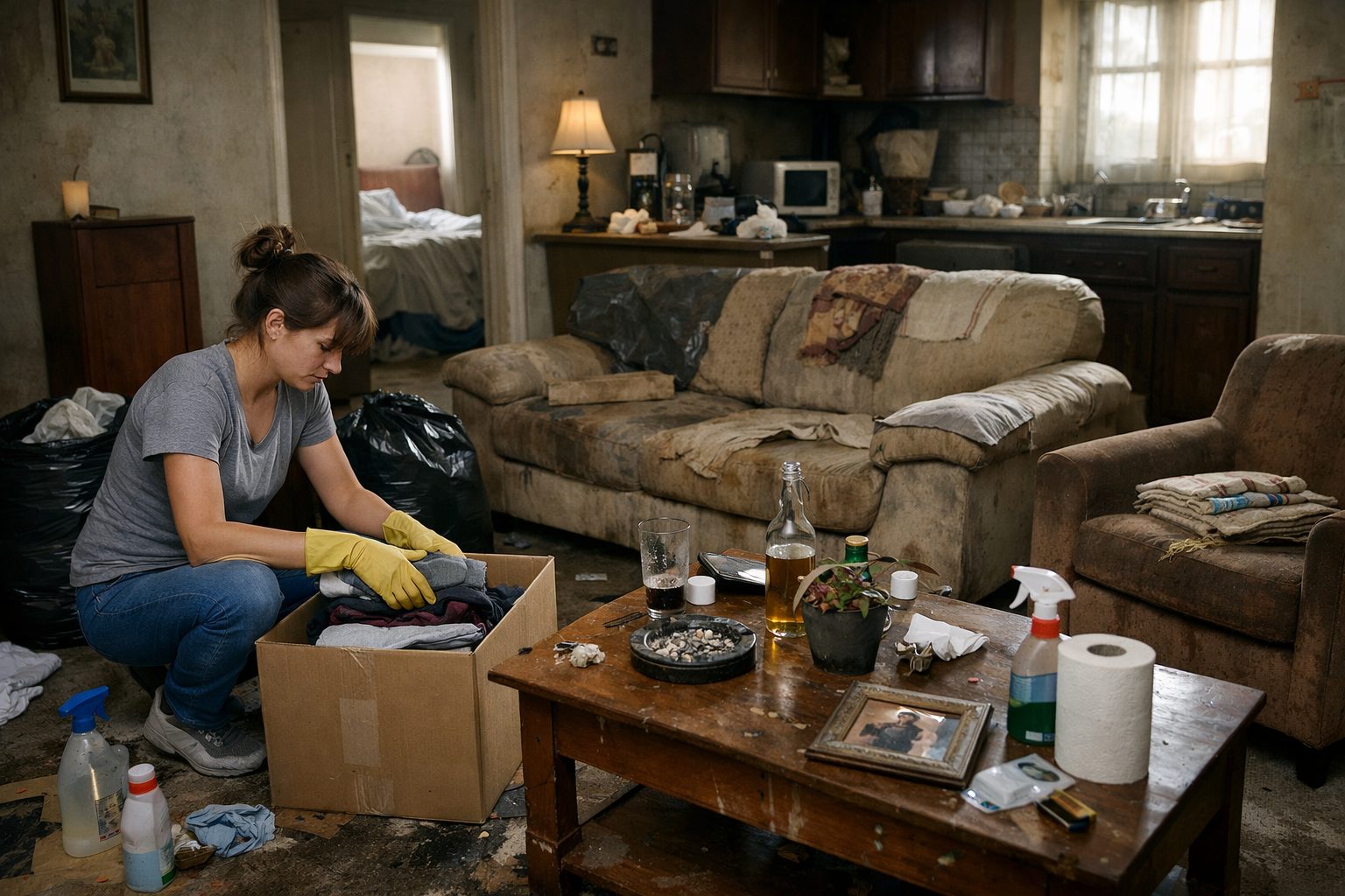 Femme rangeant un logement après un décès avec cartons et produits d’entretien, illustration des solutions pour habiter les lieux sans désinfection complète immédiate