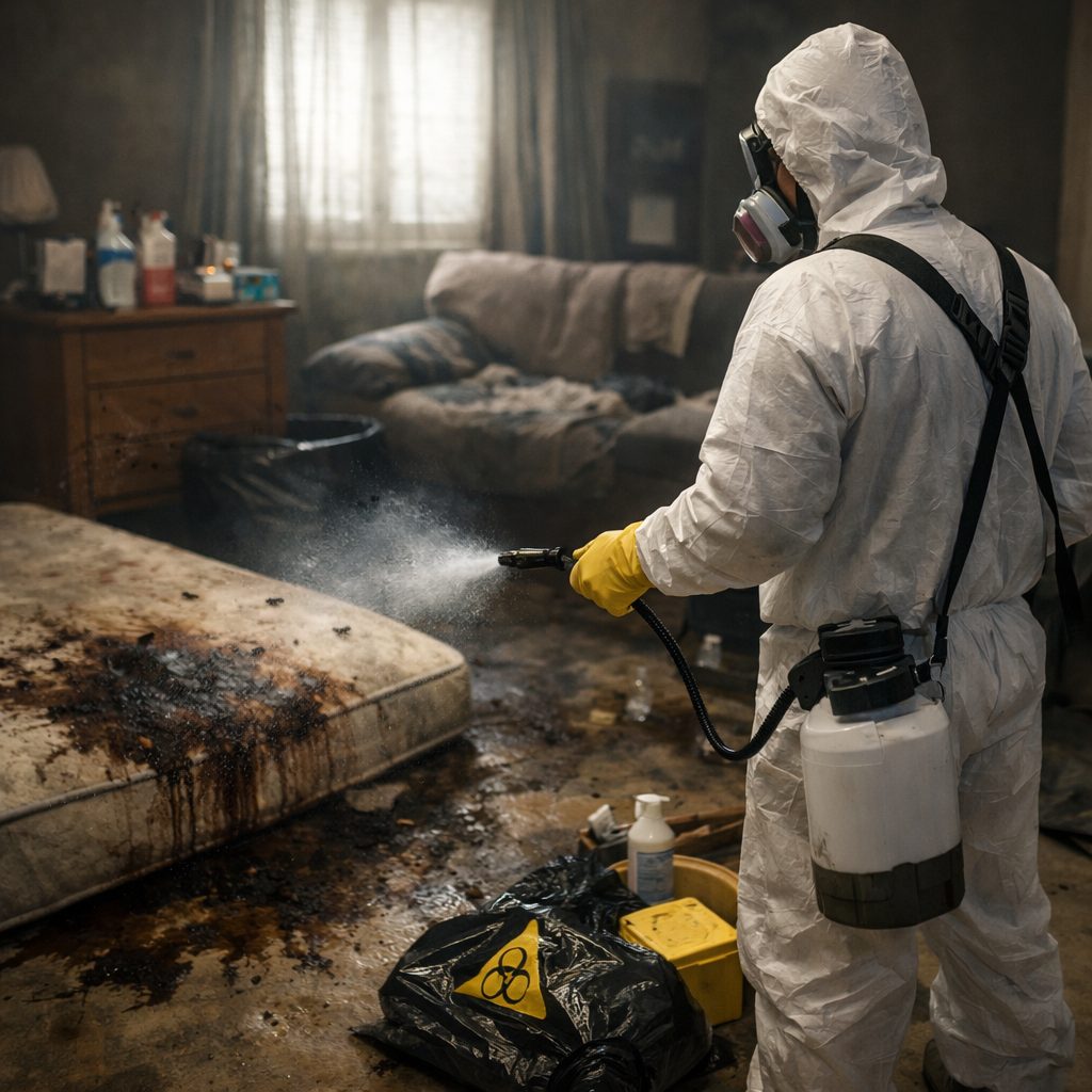 Technicien en tenue de protection réalisant un nettoyage technique pour supprimer une odeur de décomposition après décès dans un logement