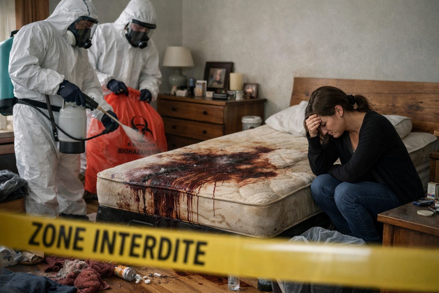 Intervention de nettoyage après décès dans une chambre avec équipe spécialisée en décontamination et assainissement du logement