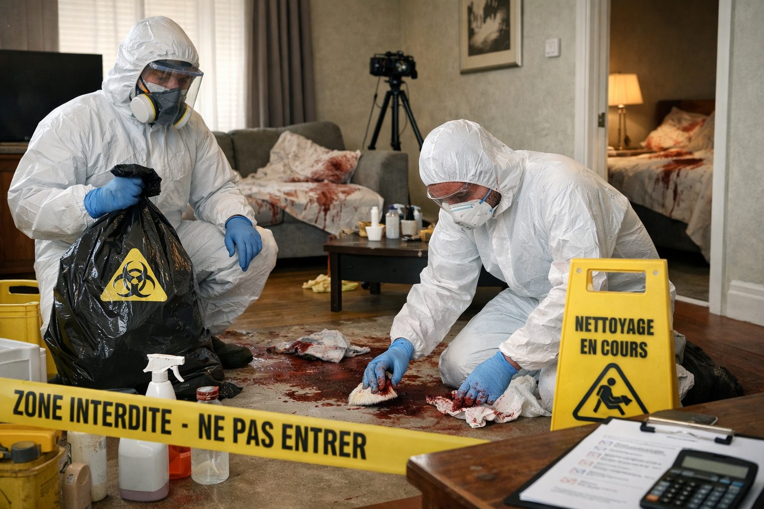 Intervention professionnelle de nettoyage après décès dans un logement avec agents équipés de protections sanitaires
