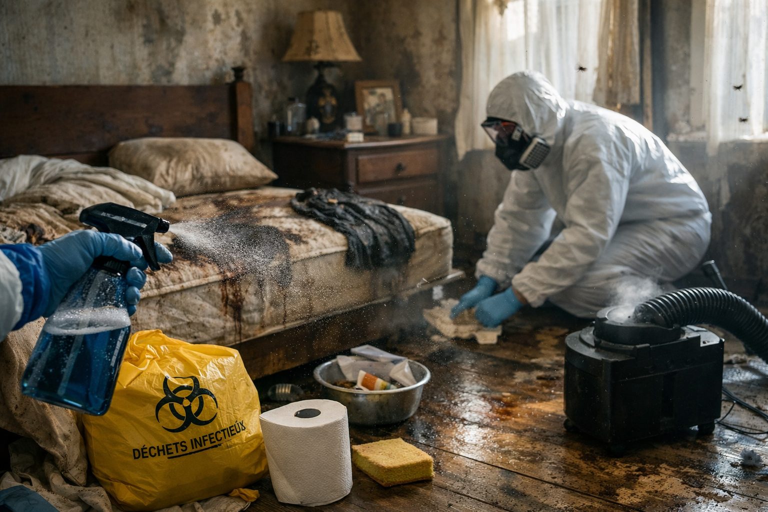 Intervention d’expert pour neutraliser les odeurs incrustées après décès dans une maison avec nettoyage technique d’une chambre