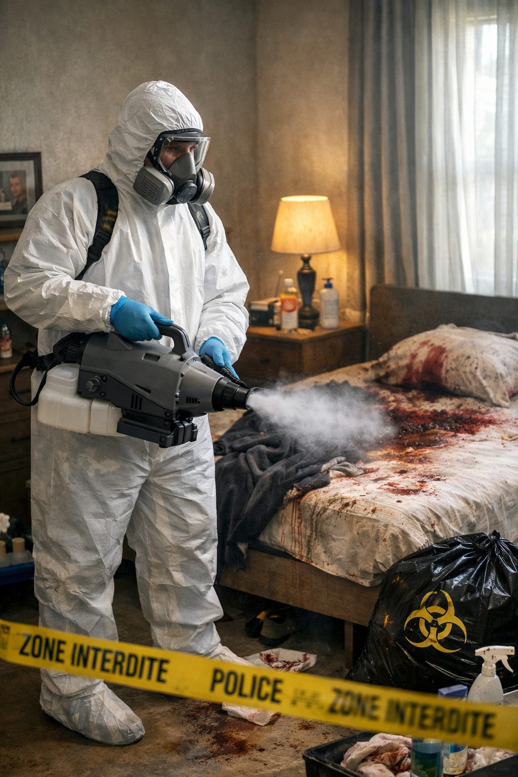 Technicien en combinaison de protection réalisant une désinfection après décès dans une maison