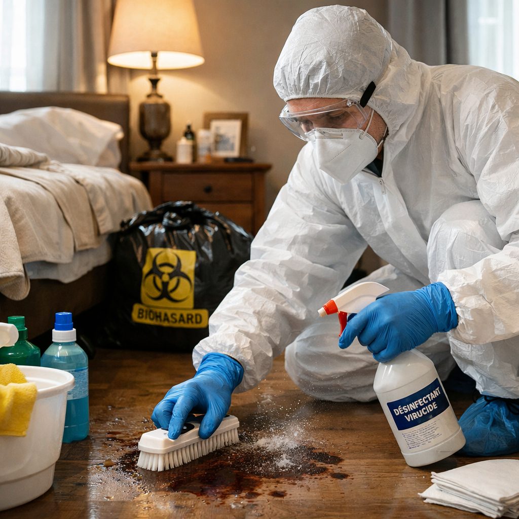 Personne en tenue de protection désinfectant une chambre après un décès naturel