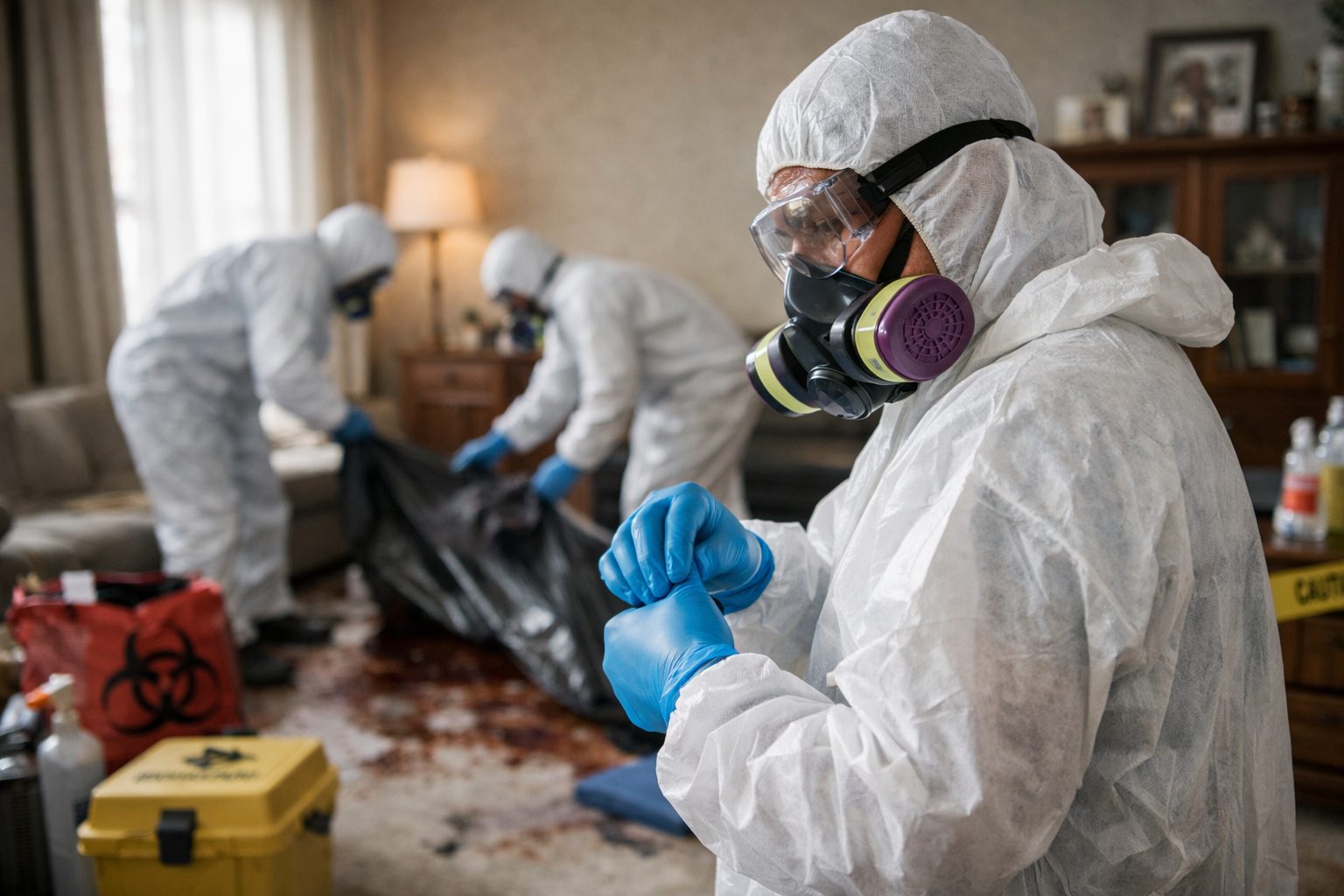 Professionnel du nettoyage après décès portant une combinaison de protection, des gants, un masque respiratoire et des lunettes dans un logement en cours d’intervention