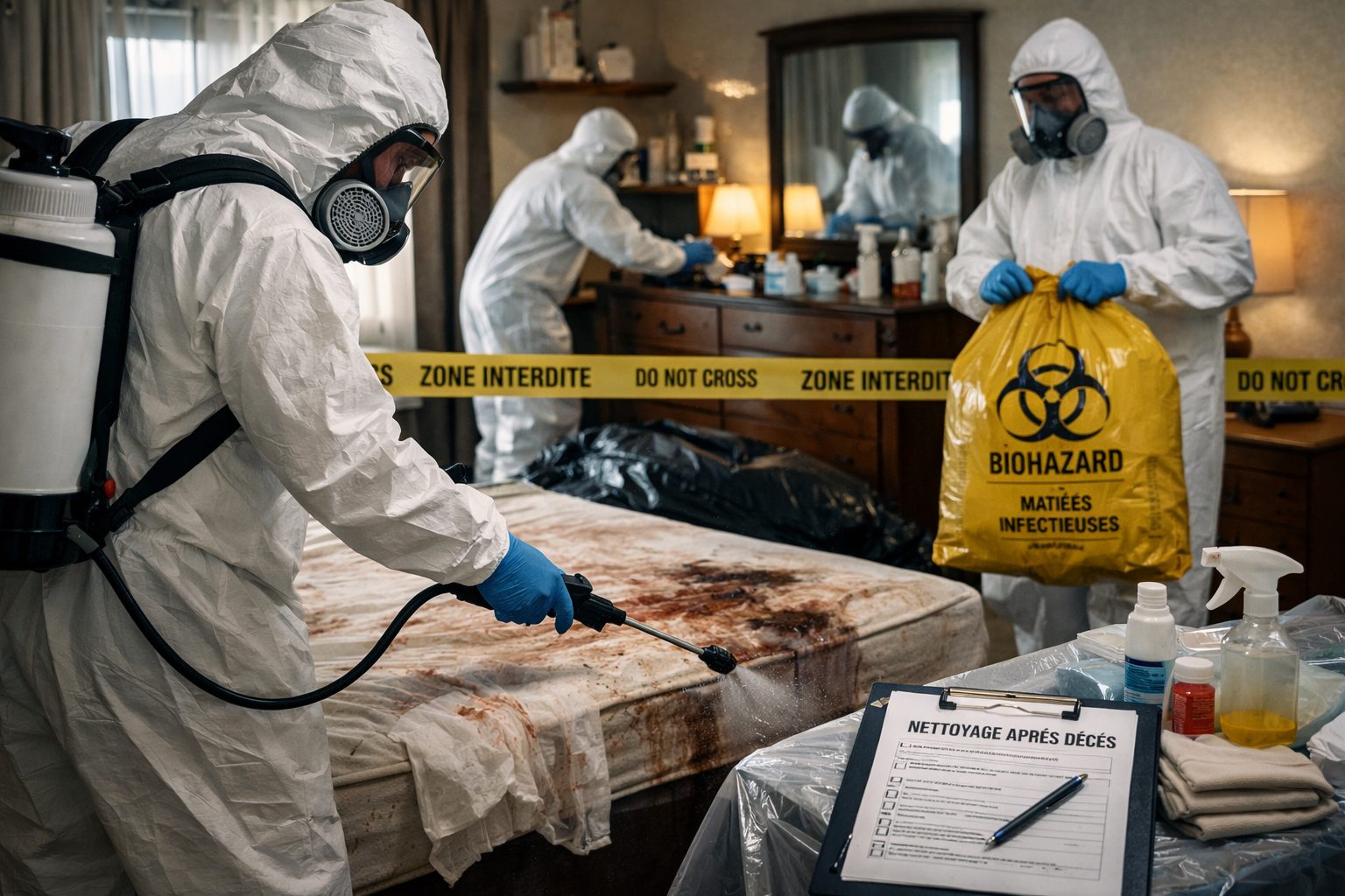Équipe spécialisée en désinfection après décès intervenant dans une chambre pour nettoyer et assainir une zone contaminée