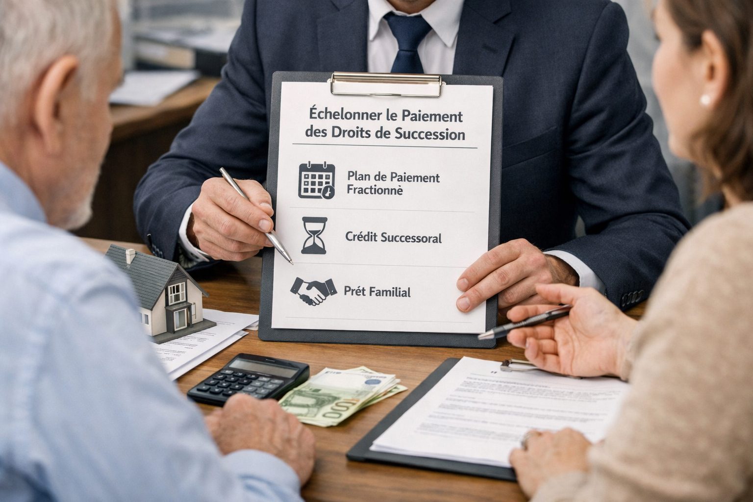 Conseiller patrimonial présentant trois solutions pour échelonner le paiement des droits de succession à deux héritiers lors d’un rendez-vous