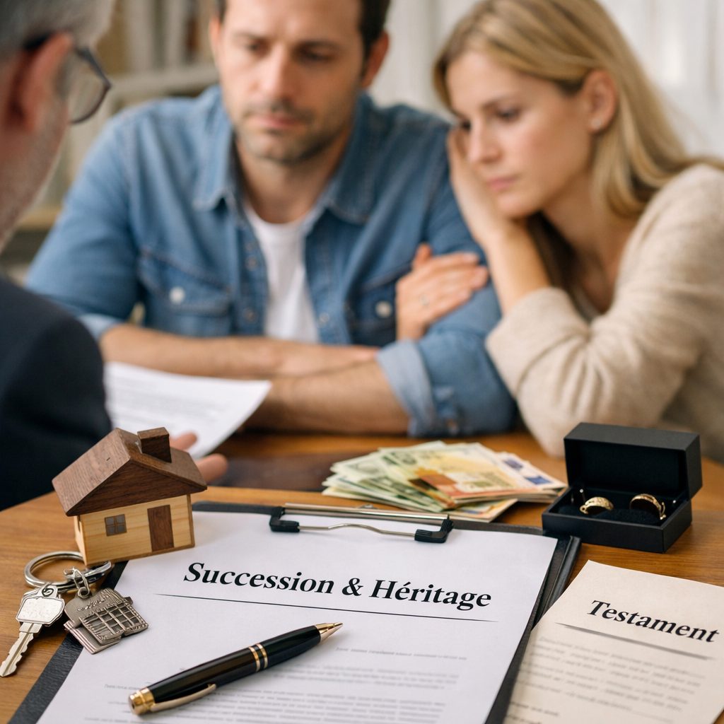 Couple en consultation pour préparer une succession en concubinage avec testament, clés de maison et documents d’héritage