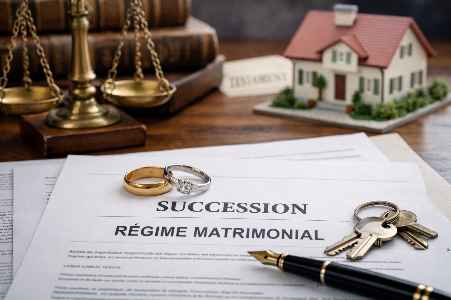Documents juridiques sur la succession et le régime matrimonial avec alliances, clés, stylo et maquette de maison