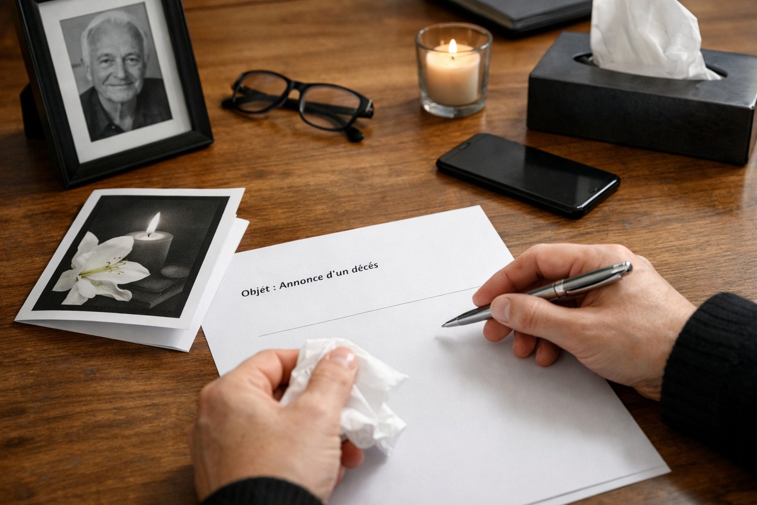Personne rédigeant un courrier pour annoncer un décès à son employeur sur un bureau avec bougie, téléphone et photo souvenir