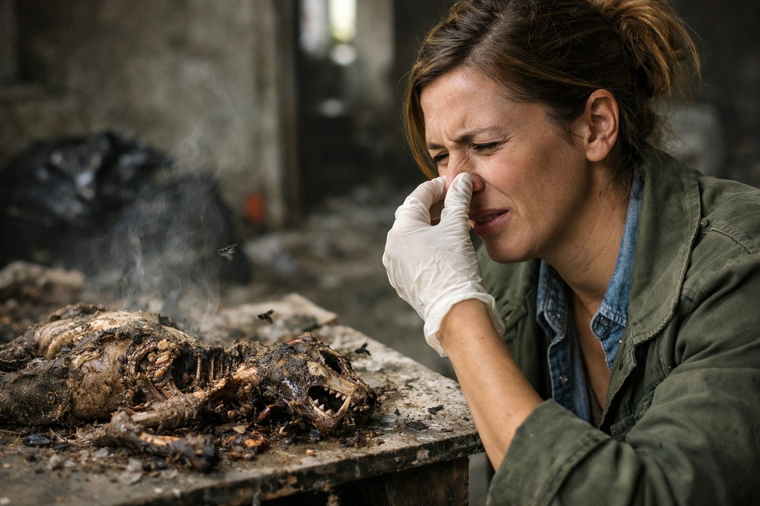 Femme se bouchant le nez face à une odeur de décomposition dans un lieu insalubre, illustration ultra réaliste des risques sanitaires liés aux odeurs de putréfaction