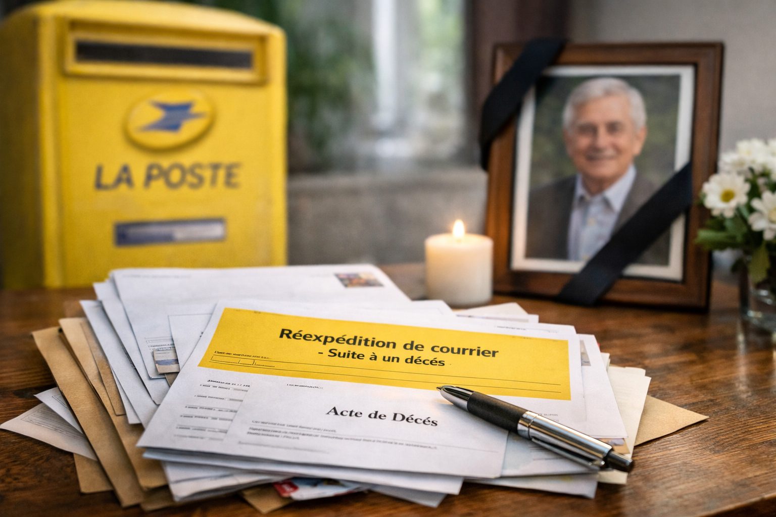 Faire suivre le courrier après décès avec un service de réexpédition La Poste, lettres administratives et dossier de succession sur une table